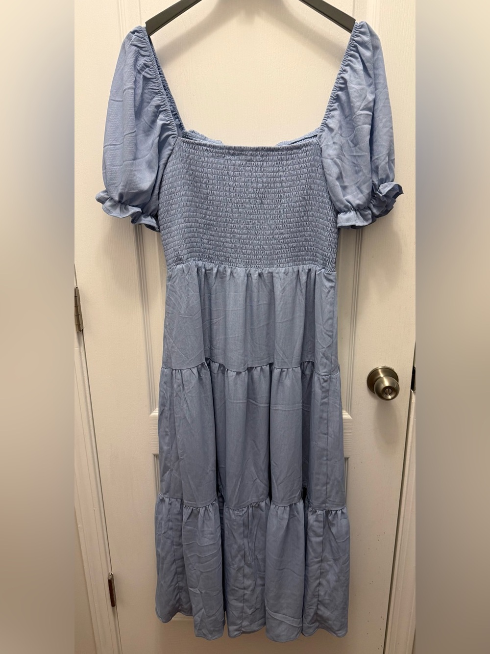 Francesca’s Blue Smocked Puff Sleeve Midi Dress Cottagecore Size Large NWT - Picture 5 of 7